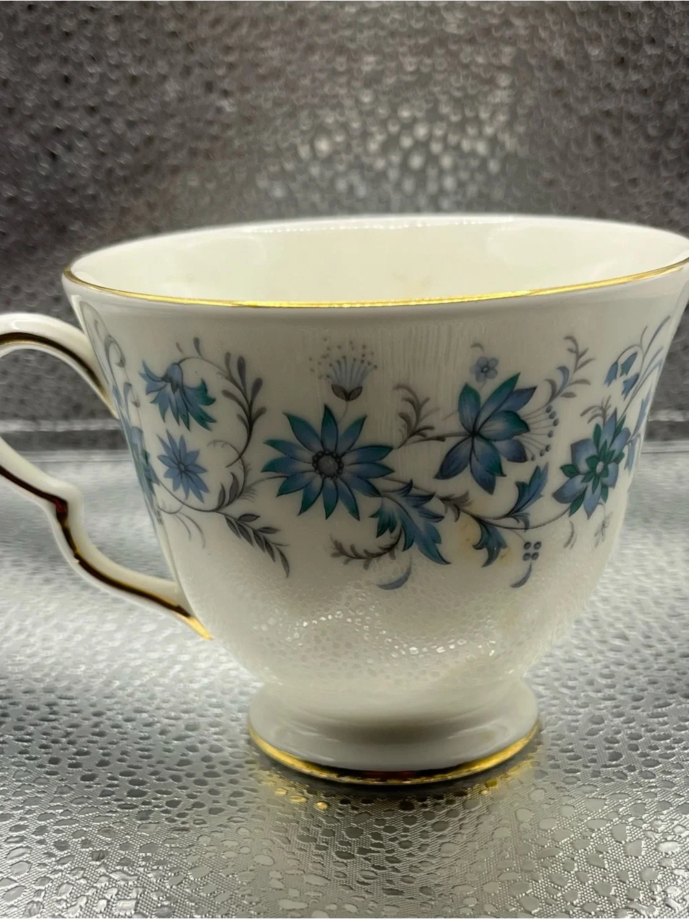 Colclough brand Bone China Teacup & Saucer in Blue Floral with Gold Trim E772